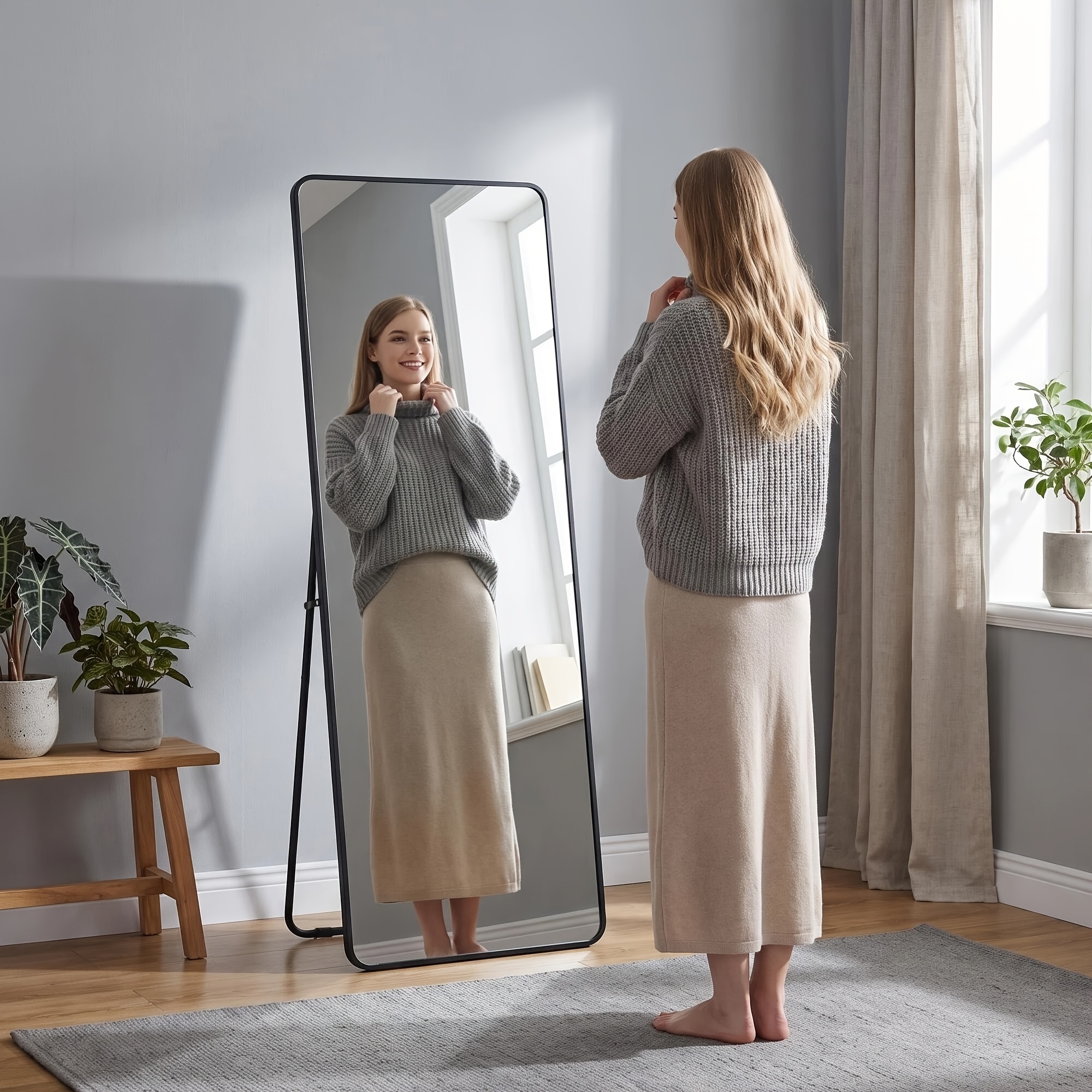 TEMU Minimalist Full-length Mirror, High-definition Mirror, Floor-standing/wall-mounted, Decorative Mirror For Bedrooms And Living Rooms