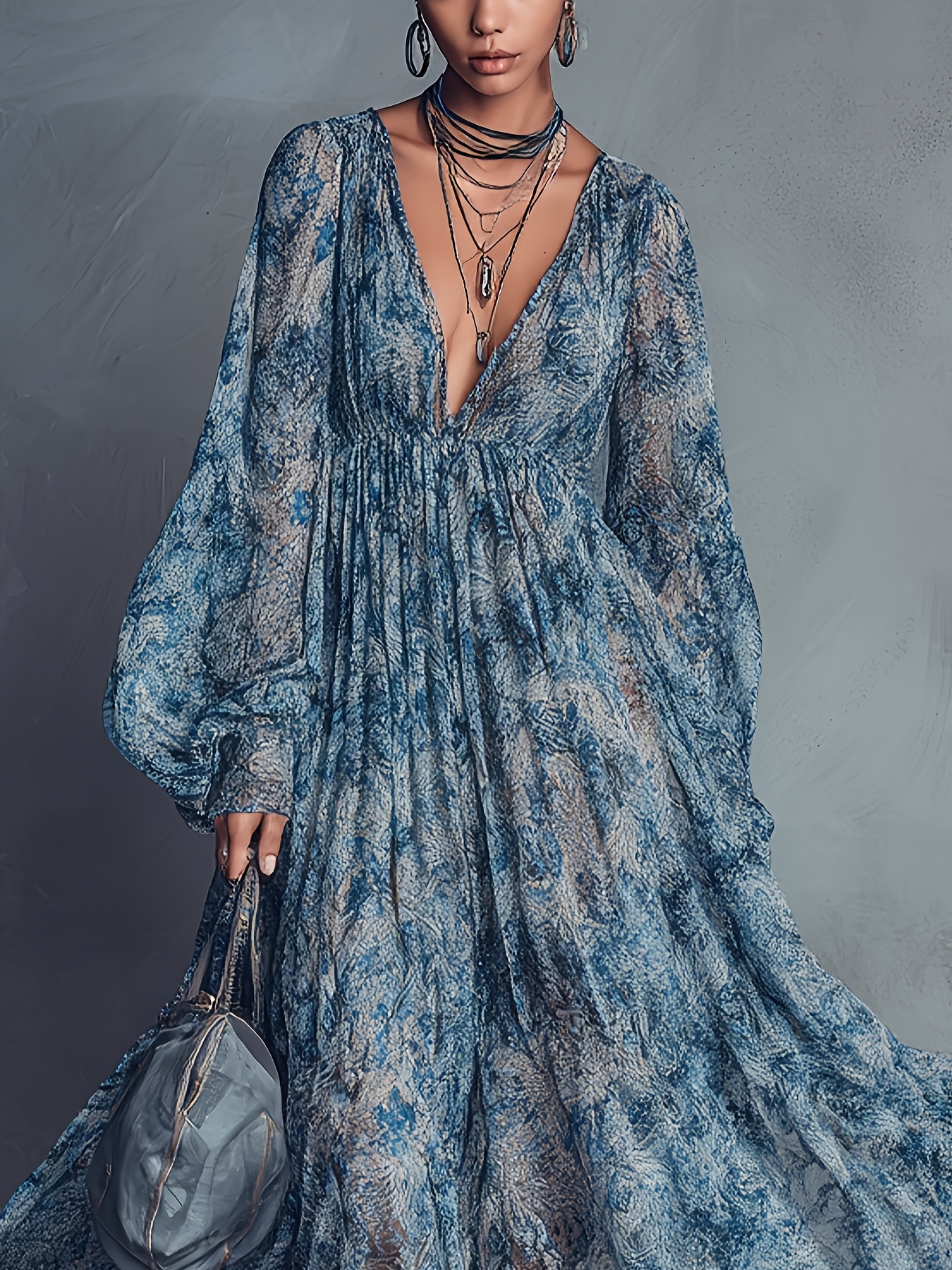 womens bohemian style blue floral print v neck lantern - Temu Cyprus