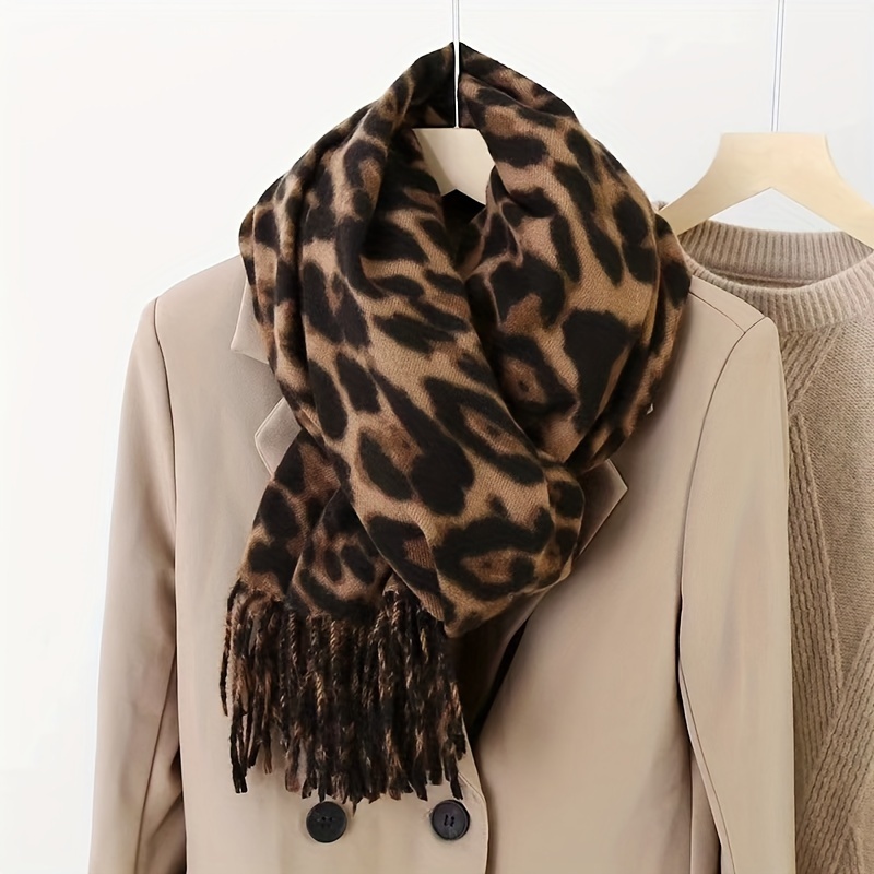 

1pc Elegant Brown Leopard Print Scarf For Women - Thick Winter Shawl With Fringe, Warm & Stylish Polyester Wrap For Outdoor Use, Accessory | Trendy Women's Scarf | Polyester Scarf