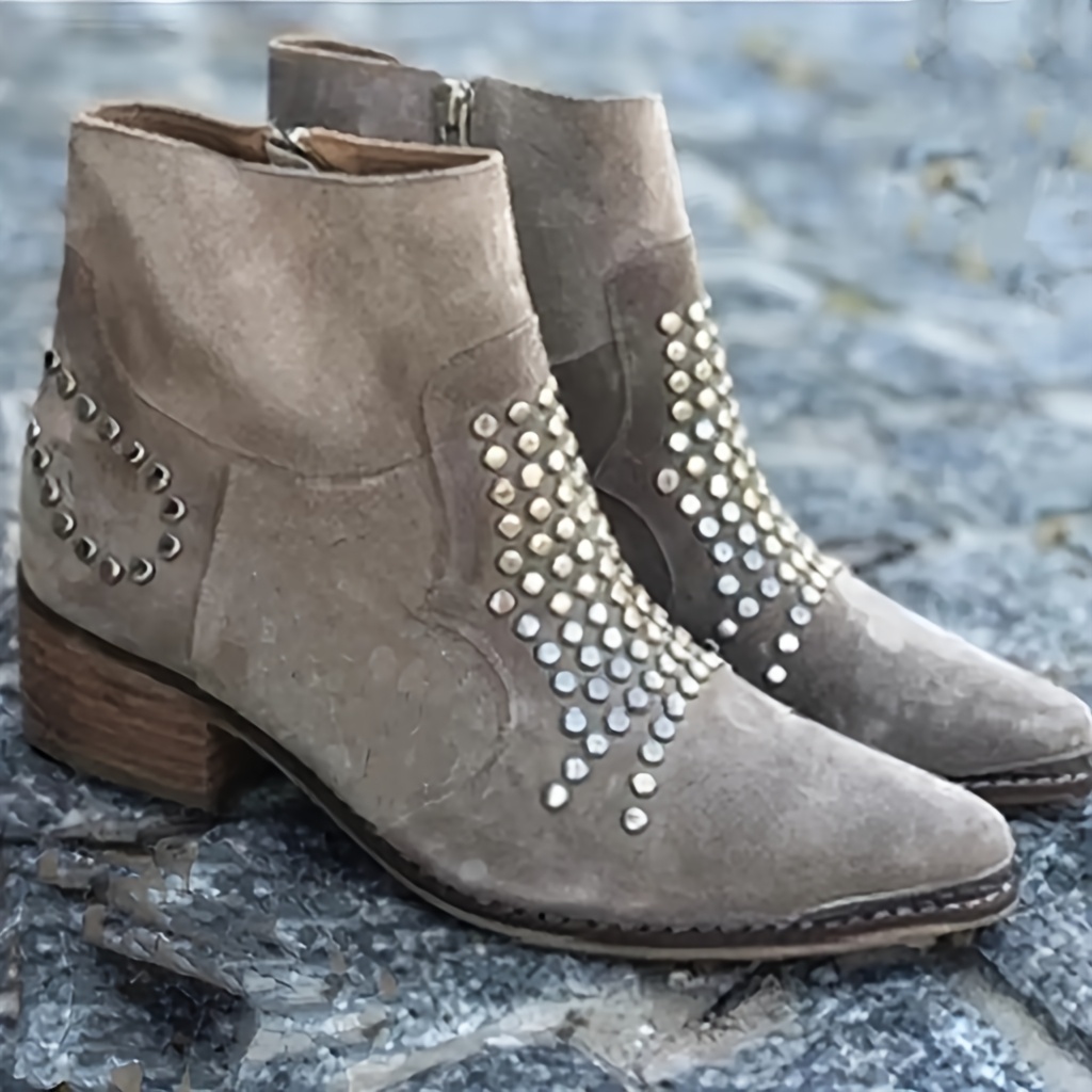 Image of Women's Pointed-toe Thick-soled Short Boots, Decorated With Rivets, Suitable For . Casual Ankle-length Boots, Women's Shoes., Women Shoes