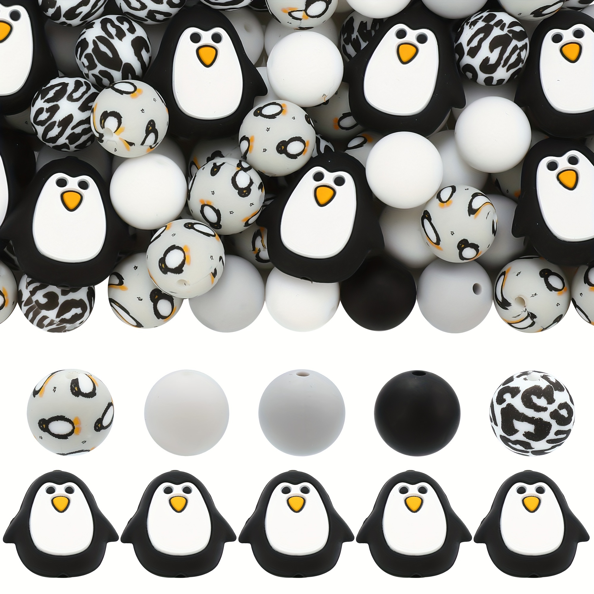 

75pcs Penguin-themed Silicone Bead Set For & Keychain Making - Ideal For Crafting Bracelets, Necklaces, Earrings, Phone Charms - Includes Animal Print & Solid Colors, Jewelry Making Supplies