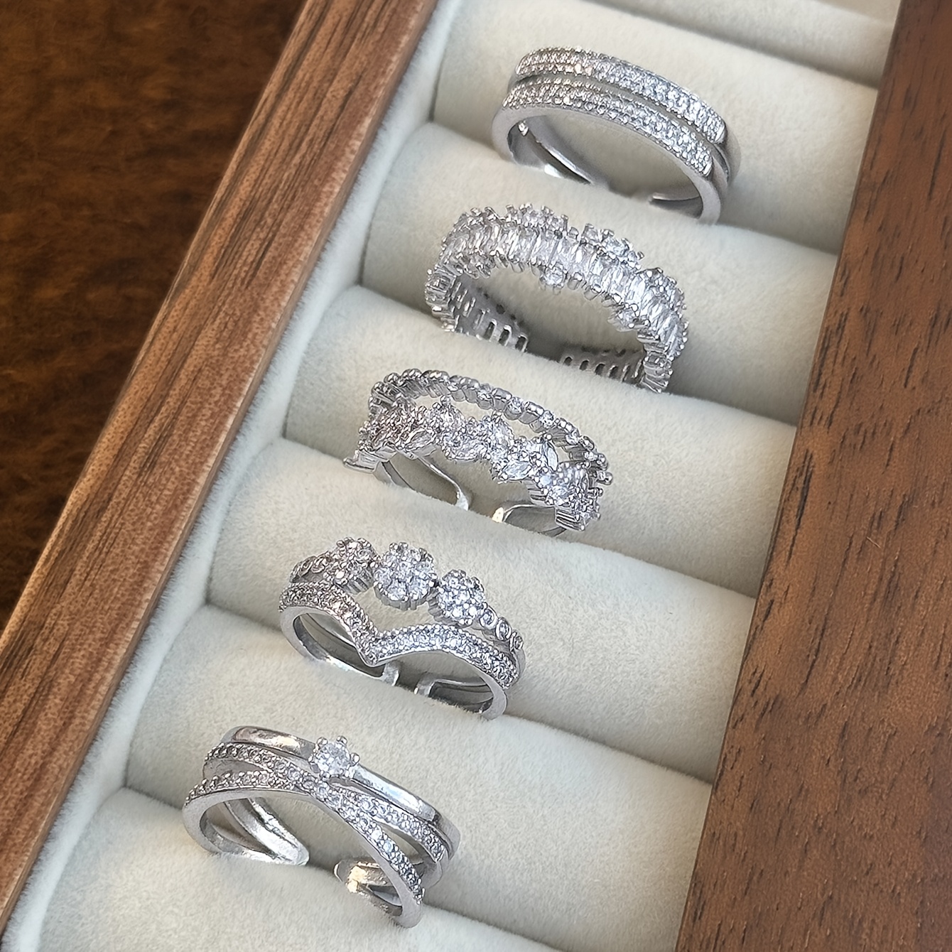 TEMU 5pcs Set Of Unique, Elegant, And Luxurious Geometric Double-layer Design Rings With Artificial Synthetic Zirconia Inlays. A Niche And Set