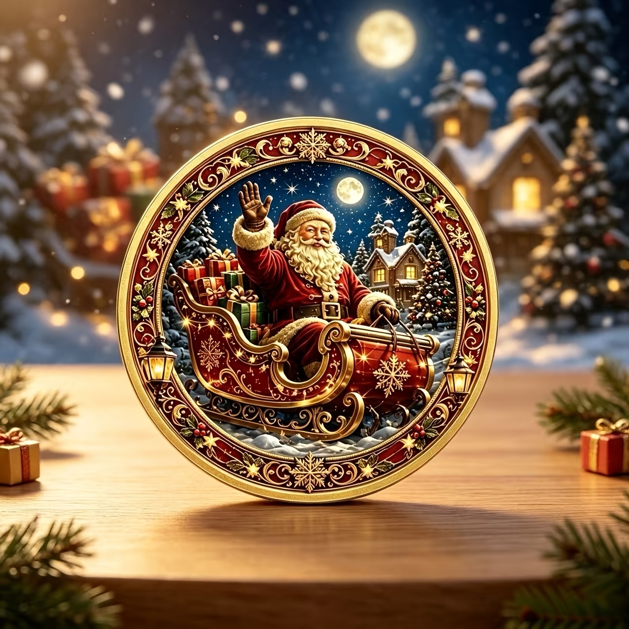TEMU Pièce de monnaie commémorative de Noël Village d'hiver 3D de la de Père Noël, Pièce de métal à relief complet double face, Ville de neige sous ,