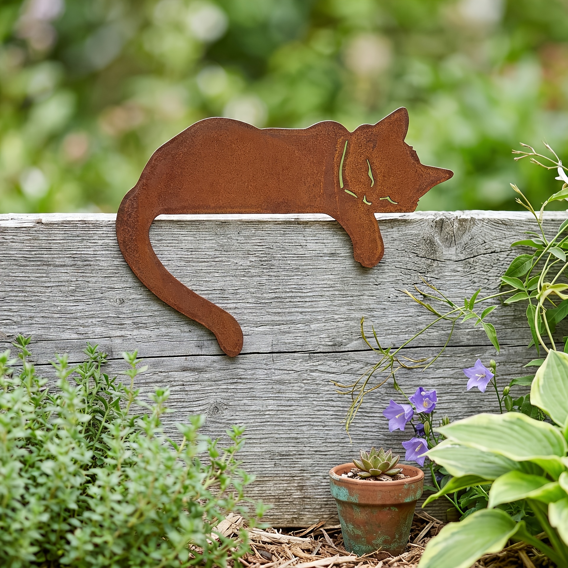 TEMU 2d Flat, [2d Flat] Rustic Metal Cat Silhouette Statue, Weatherproof Cat Garden Stake Fence Decoration, Yard Art For Cat Lovers, Charming Rusty