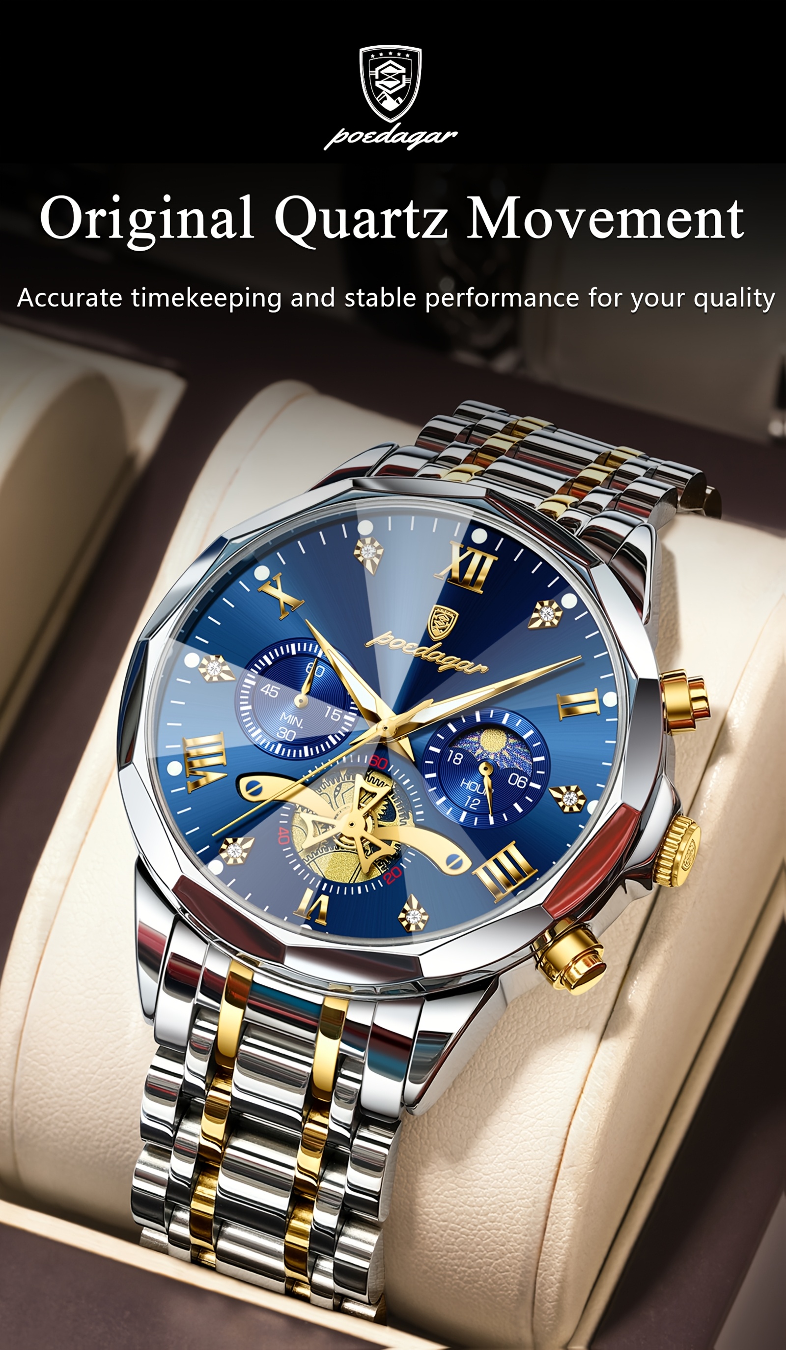 Luxe Stalen Band Herenhorloge Lichtgevend Waterdicht Chronograaf Dag En Nacht Display Heren Polshorloge