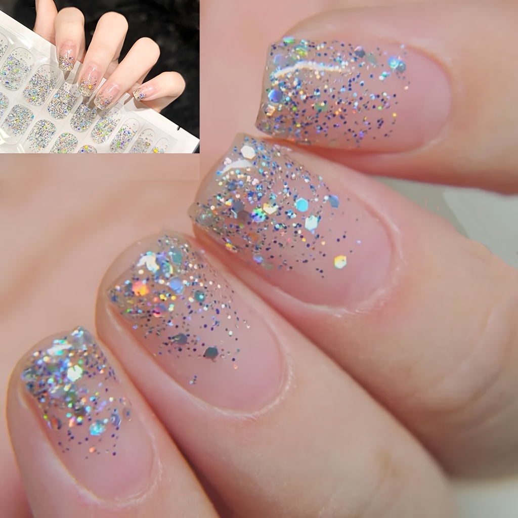 Image of 22pcs Glitter Nail Stickers, Easy And Sweet No-bake Gel Nail Stickers, Home Nail Art Decorations, Popular New Nail Strips, Medium And Long Nail Stickers, No Lamp Required, Suitable For Home And Travel