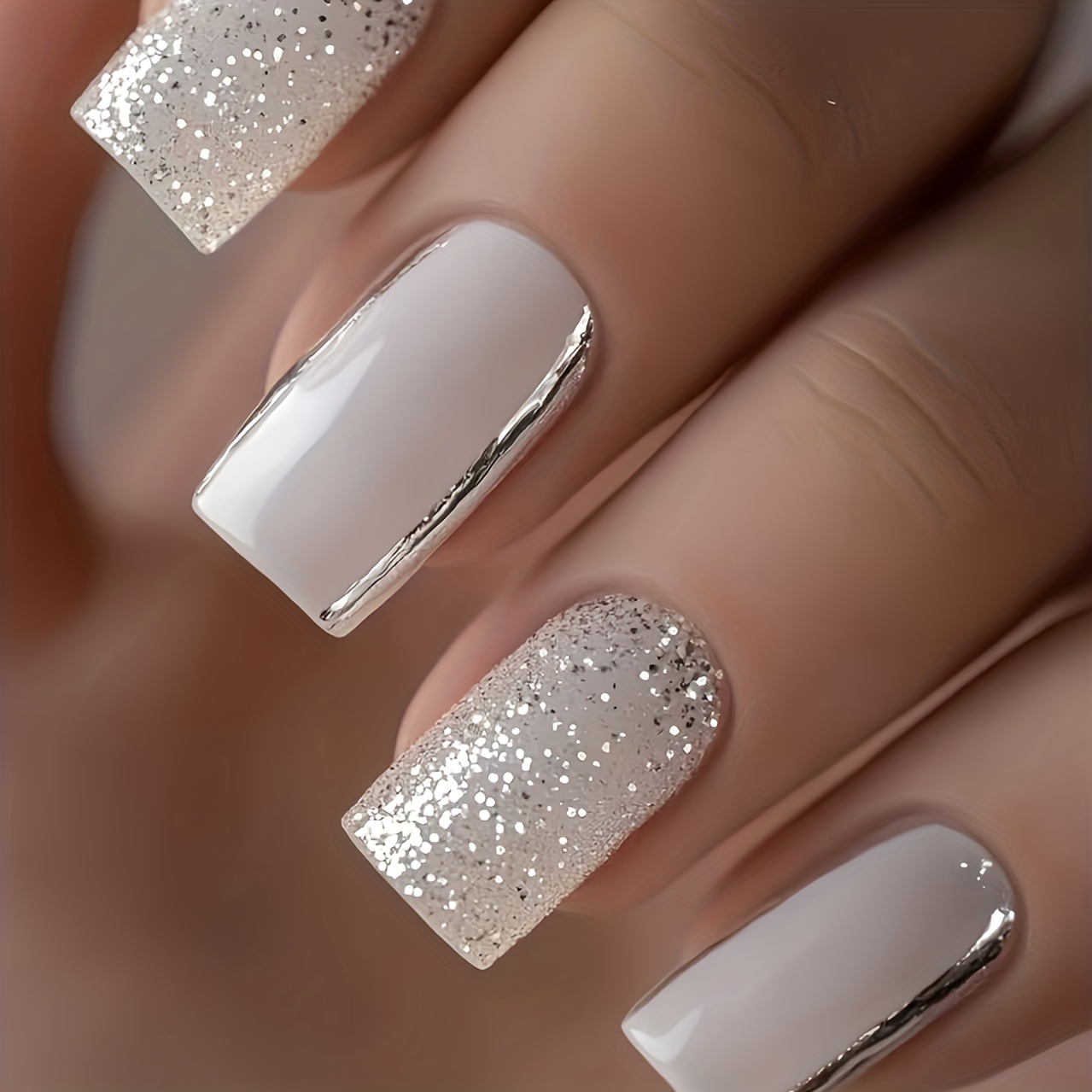24pcs Square Elegant Silvery Stripe Full Glitter Shiny Press-on Nails, Detachable False Nails