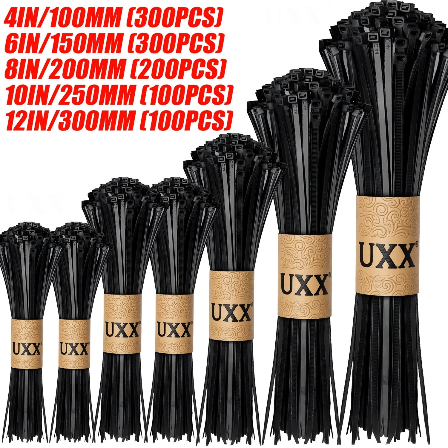 TEMU [1000pcs] Heavy-duty - Durable Nylon Cable Ties, Assorted Sizes, Lengths 4 6 8 10 12 Inches/100 150 200 250 300mm, Self-locking Nylon Straps,