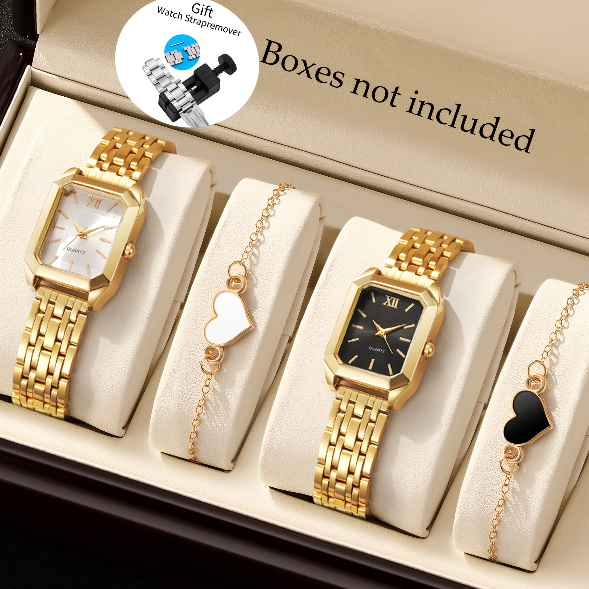 Image of 4pcs Minimalist Square Women's Watch Set With Heart Bracelet - Perfect Gift For Valentine's Day, Graduation, Back-to-, Birthday, Christmas, And Teacher Appreciation