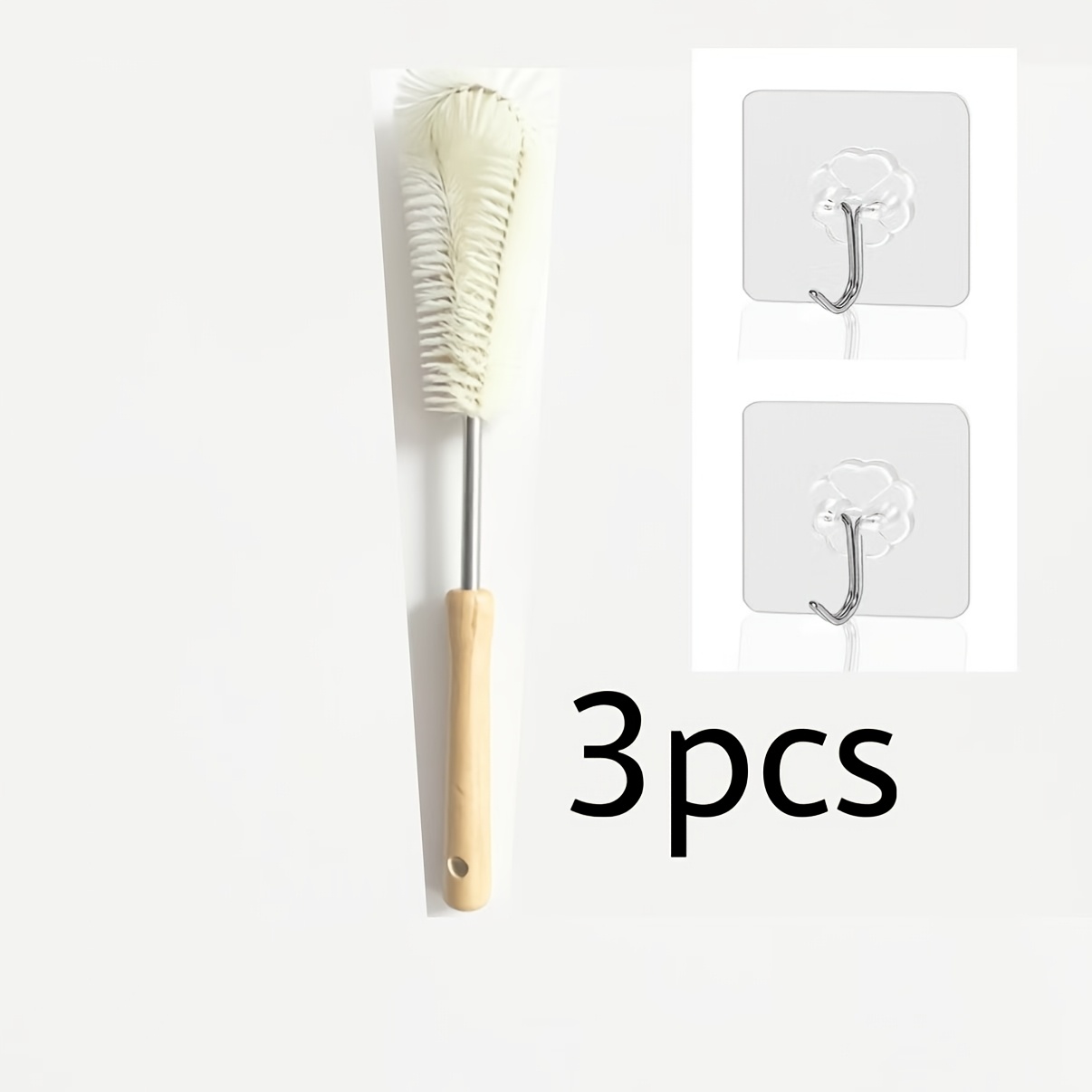 TEMU 3pcs Set (1pc Cleaning Brush And 2pcs Hooks) 37cm Long Handle Cup Brush Extended Wooden Handle Multifunctional Cleaning Brush Cup And Bucket