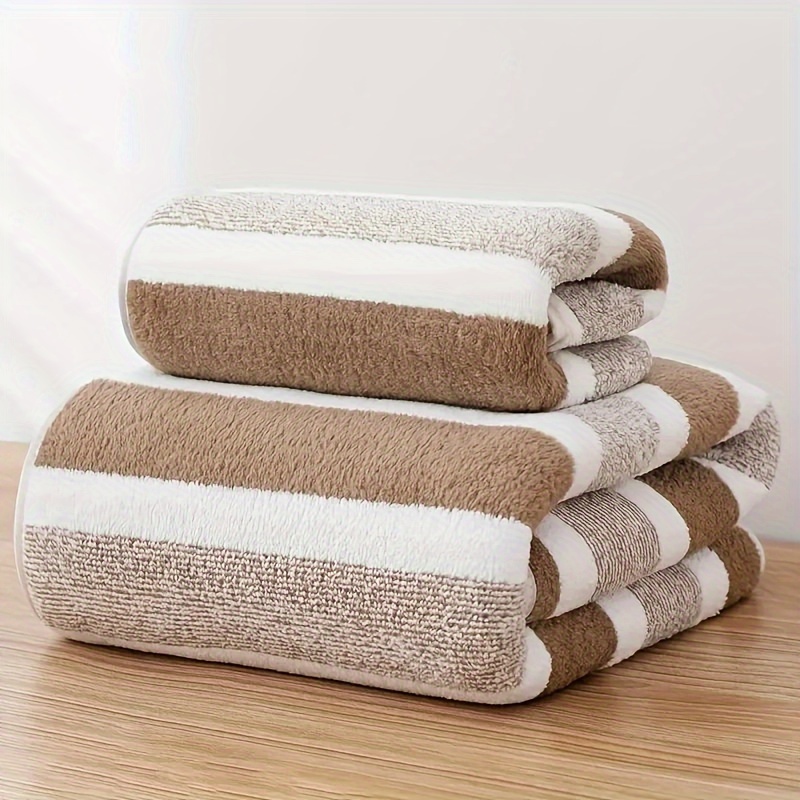 TEMU 2pcs Striped Towel Set - Soft, Quick-drying Bath And Hand Towels, Polyester Blend, Contemporary Coastal Design For Bathroom