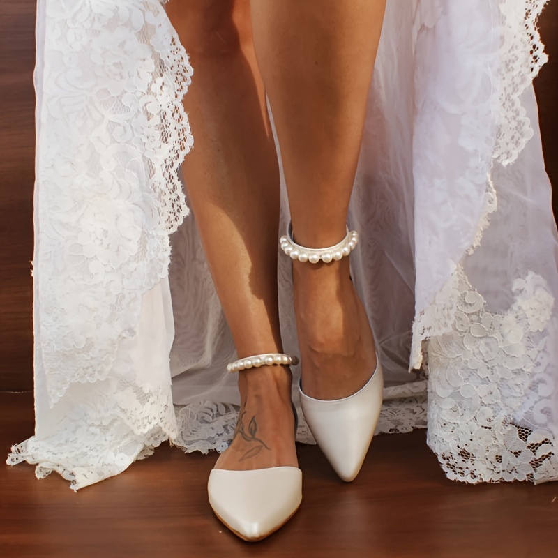 elegant pearl embellished ankle strap flats women solid Temu Kuwait