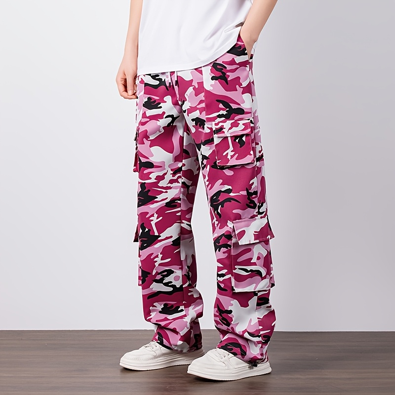 Men's Camouflage Print Multi-Pocket Cargo Pants, Elastic Waistband with Adjustable Legs, Fashion Wide-Leg Trousers