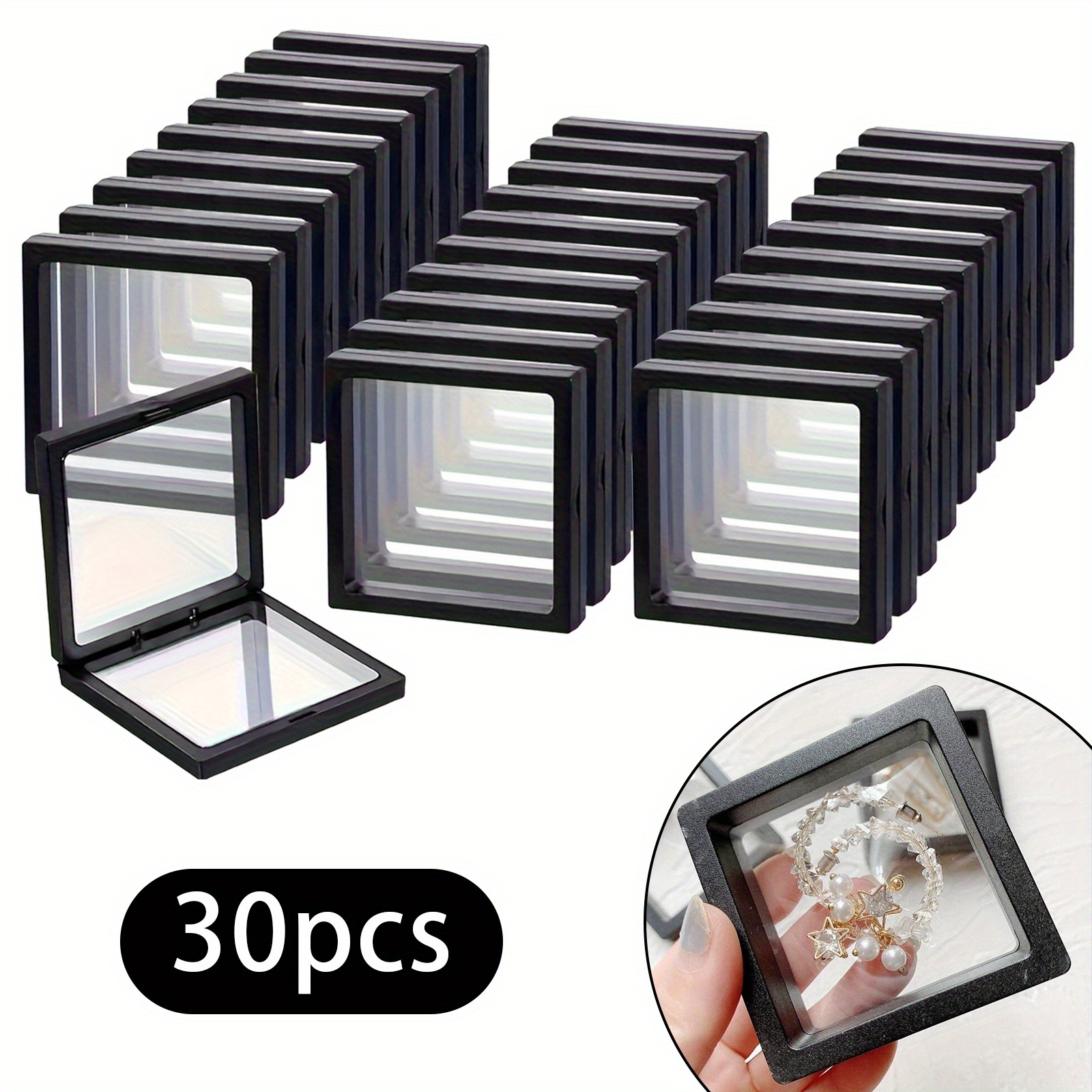 30pcs elegant   floating display cases with elastic film dustproof plastic jewelry storage boxes for necklaces bracelets rings   earrings pins ideal for retail and personal use contemporary style tabletop mounting   closure polished   personal jewelry display sleek display box secure closure box jewelry display case jewelry boxes Product details 0