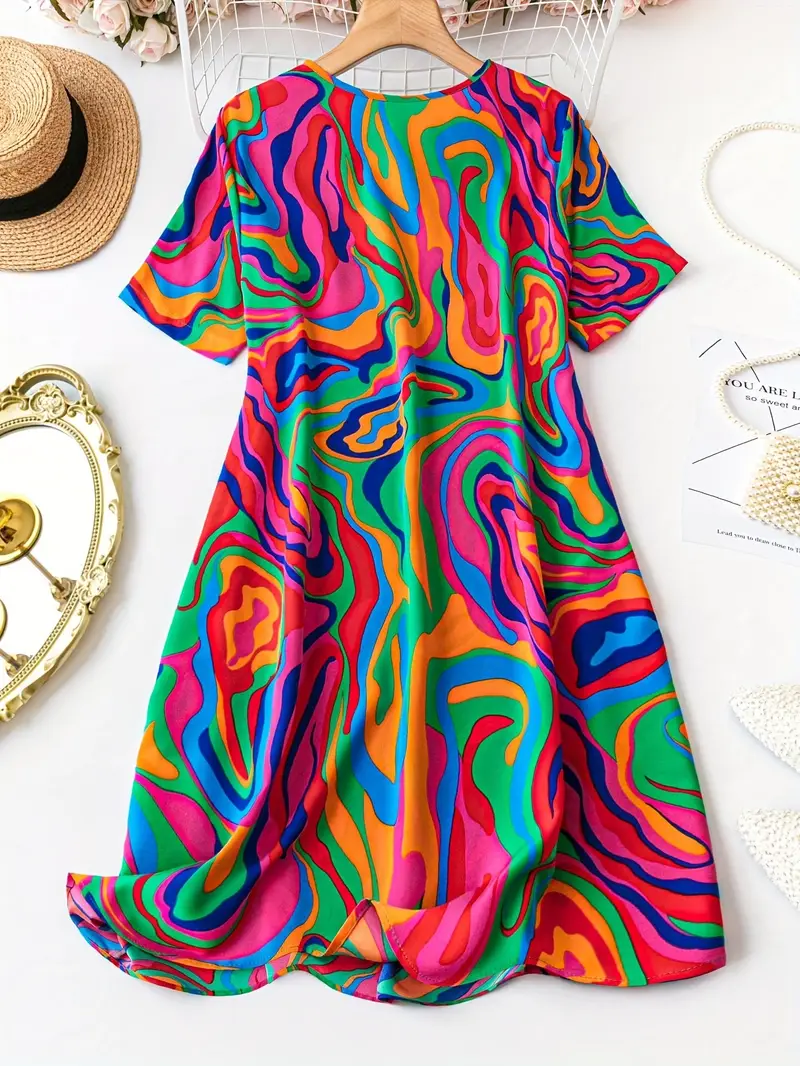 allover print short sleeve dress casual crew neck dress for spring summer womens clothing details 1