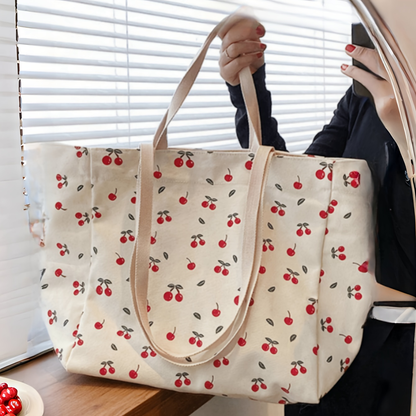 

Stylish Cherry Print Tote Bag - Lightweight, Spacious, And Versatile For Daily Use, Shopping, Or Travel - Fixed Shoulder Straps - Beige Background - Students And Fashion Enthusiasts