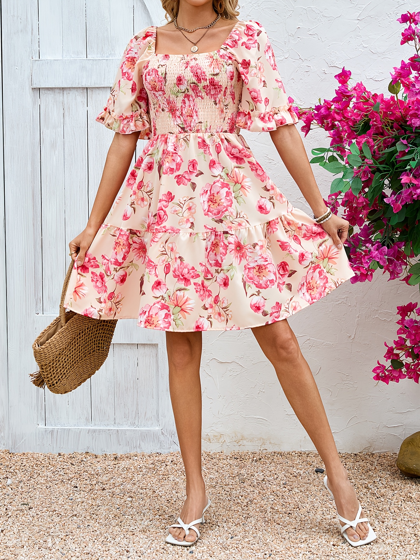 floral print short sleeve square neck dress knee length - Temu Mauritius