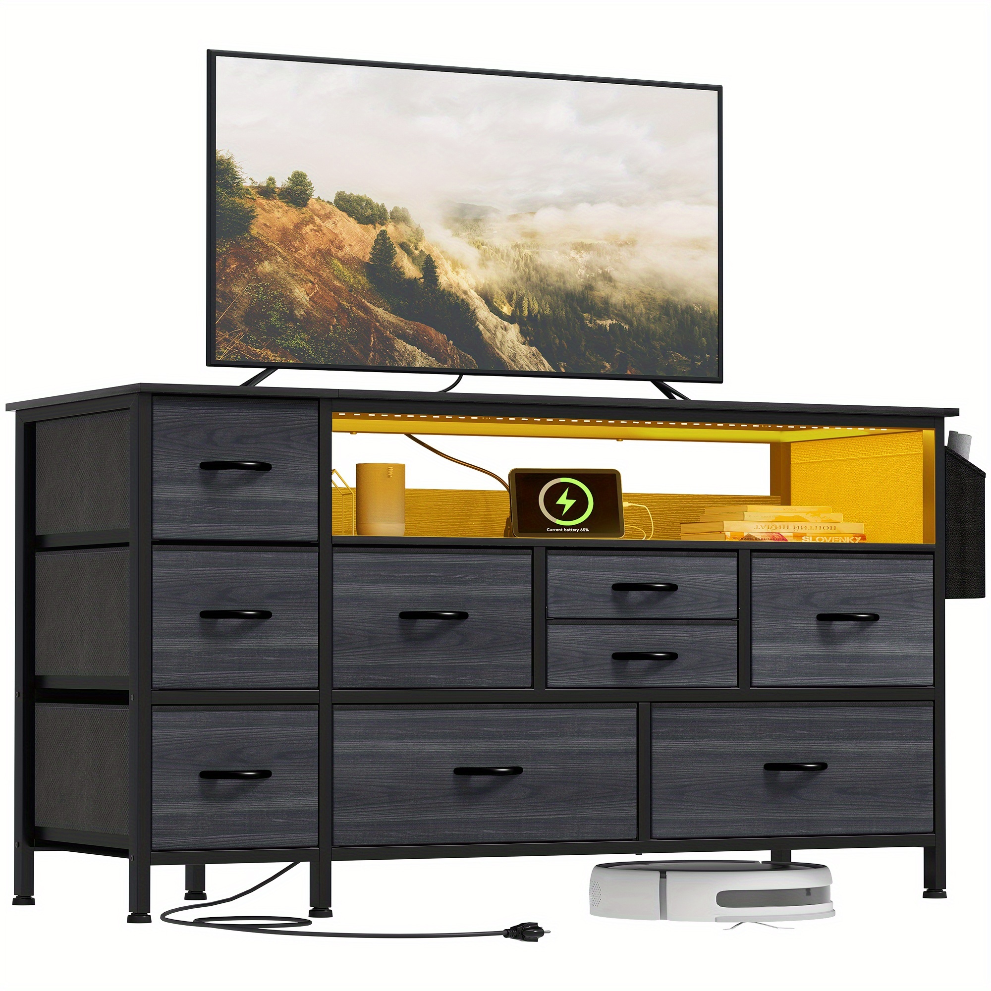 

Dresser Tv Stand For 55'' Tv, 9- Drawer Dresser With Power Outlet And Led Light, Wide Dresser With Metal Handle, White Dresser With Shelves