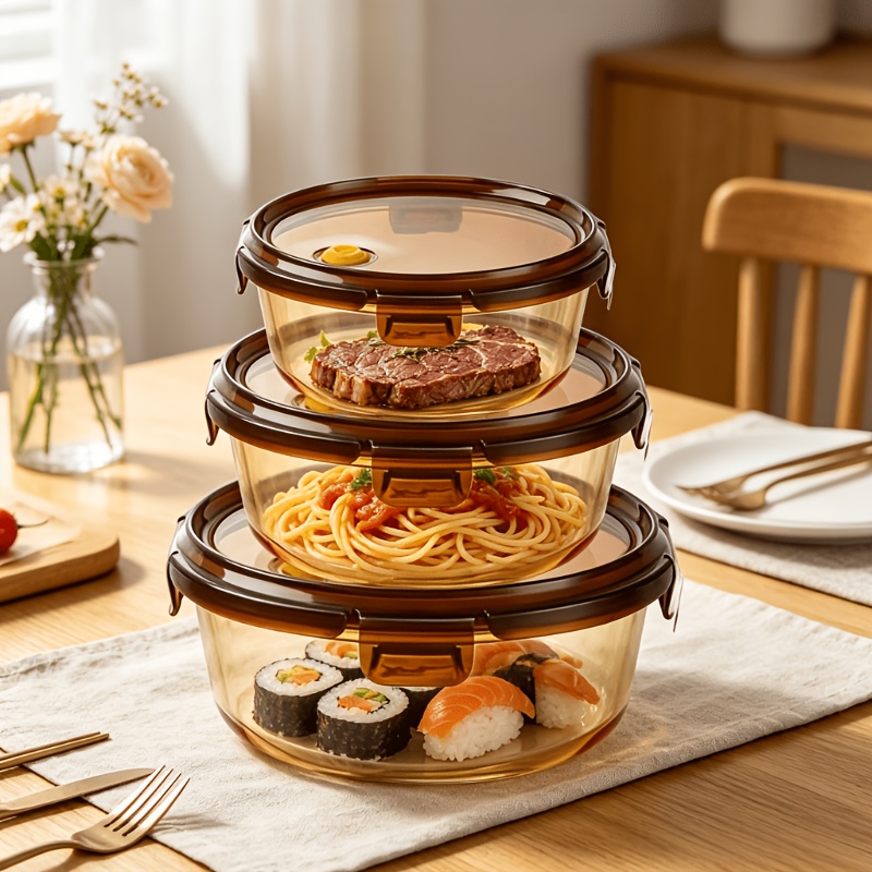 TEMU 6pcs Set: 3 Containers   3 Lids, Amber Glass Food Storage Containers, Round Borosilicate Glass Meal Prep Bowls (with Air Vents), Leak-proof