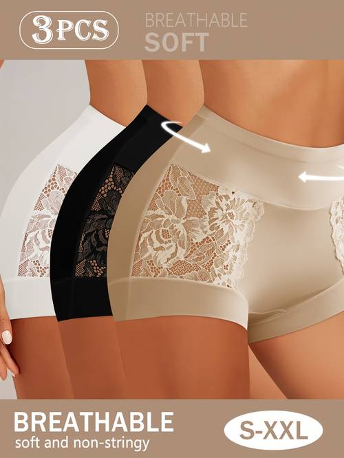 3pcs womens high waist mesh lace bikini briefs fine lace decoration 3 colors pink breathable soft fabric tummy control for holiday and romantic occasions multi size s xxl