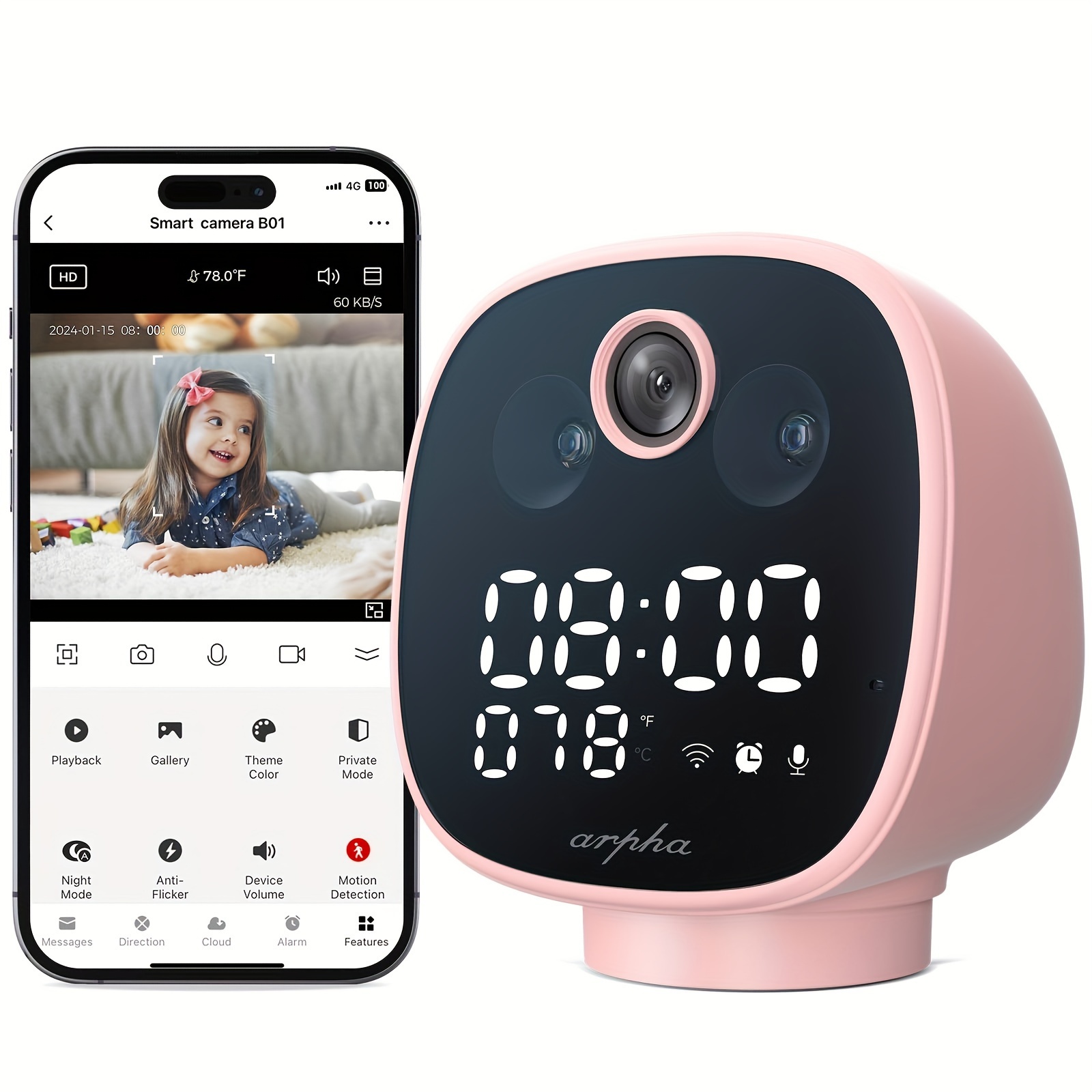 

1080p Indoor Security Camera, Wifi Camera For Baby Monitor, Night Vision, Pir Motion Detection, 1 Touch Call And 2 Way Talk, Multi-device Viewing, 355° Pan, Temp Monitoring, Night Lamp Alarm Clock