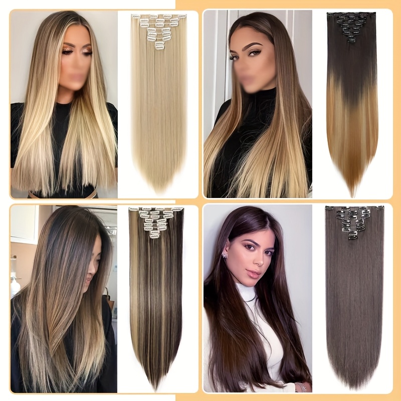 8pcs set clip in hair extensions straight 23inch 58cm long thick synthetic hair piece high temperature fiber double weft heat resistant fiber 8pcs   clip in hairpieces highlight   for women daily party festival gift details 2