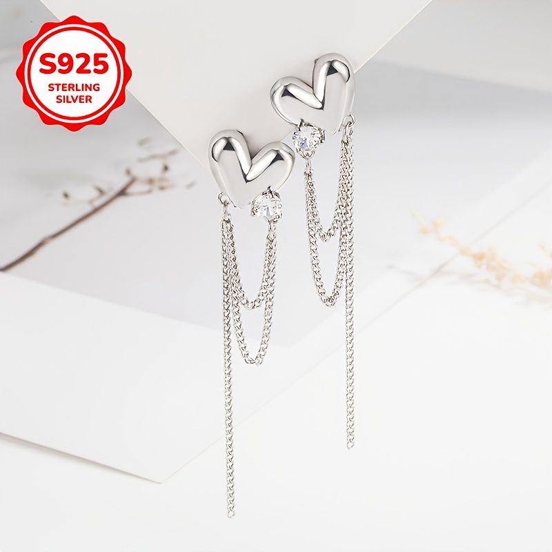 925 Silver Low-Allergy Heart Tassel Earrings