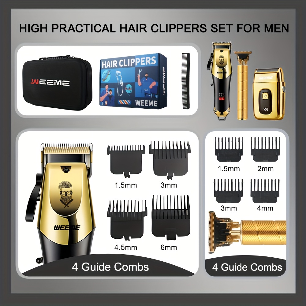 golden 3pcs 2pcs 1pc mens hair clipper set usb rechargeable hair clippers trimmer and shaver kit with guide combs cleaning brushes grooming gift set for men husband boyfriend dad valentines day gift details 1