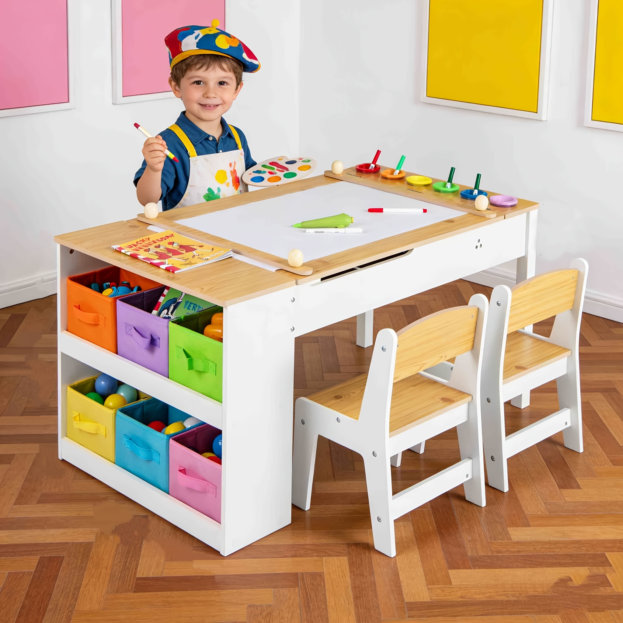 Image of 2-in-1 Kids Art Table And Easel Set W/ Chairs, Multifunctional Toddler Wooden Craft Play Study Activity Drawing Storage Desk W/ Tabletop, Paper Roll, 6 Paint Cups & 6 Storage Bins