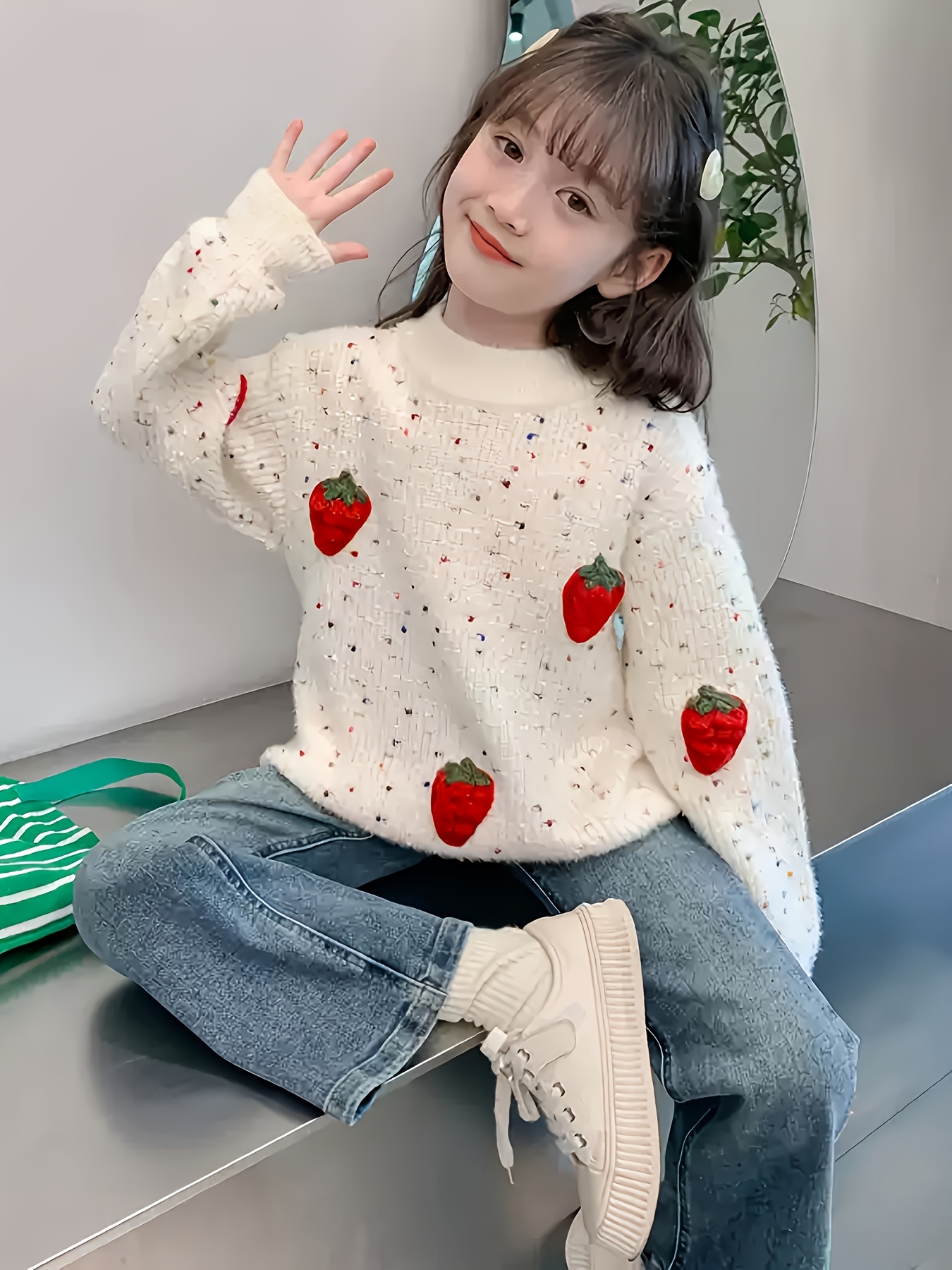 girls cozy strawberry print sweater soft long sleeve round Temu