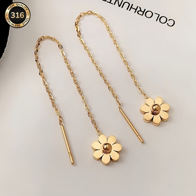 Image of Easy, Delicate, Beautiful Sunflower-shaped Stainless Steel Chain Fringed Earrings, Hypoallergenic, , Valentine's Day Gift For