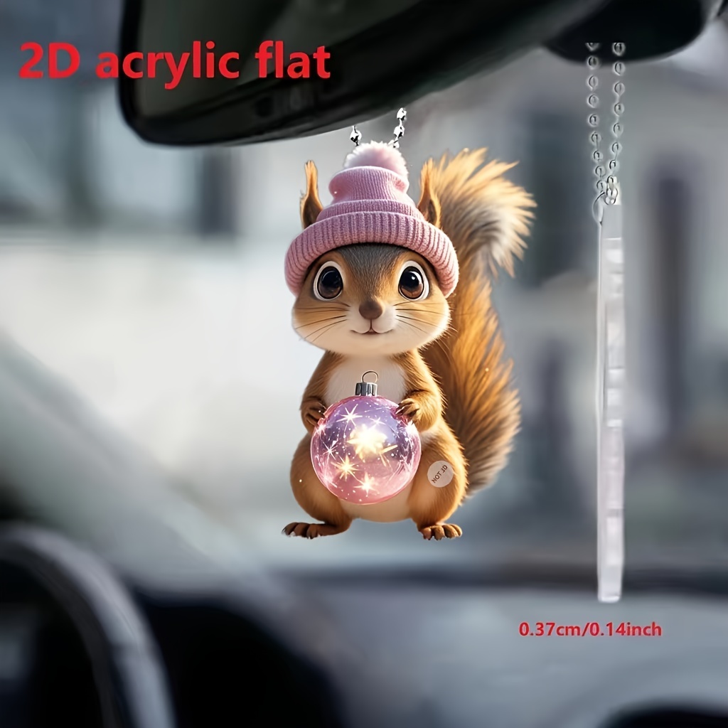 

2d Acrylic Ornament: Squirrel With Pink Hat And Sparkling Ball, Car Mirror, Home, Or Party Decorations