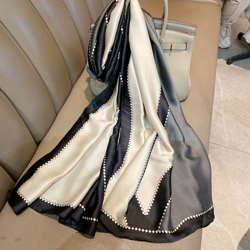 Image of Satin Large Size Long Geometric Color-block Shawl All-match Decor Scarf Thin Outer Wear Scarf Warm Women's Neck Scarf Elegant Temperament Long Scarf Travel Windproof Multifunctional Beach Towel