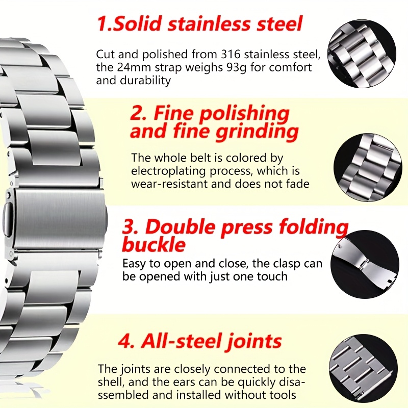 16mm 18mm 20mm 22mm 24mm Watch Band, Stainless Steel Watch Strap, Watch Strap Replacement for Smartwatch, for Traditional Watch, for Samsung for galaxy Watch, for Garmin Ticwatch Fossil