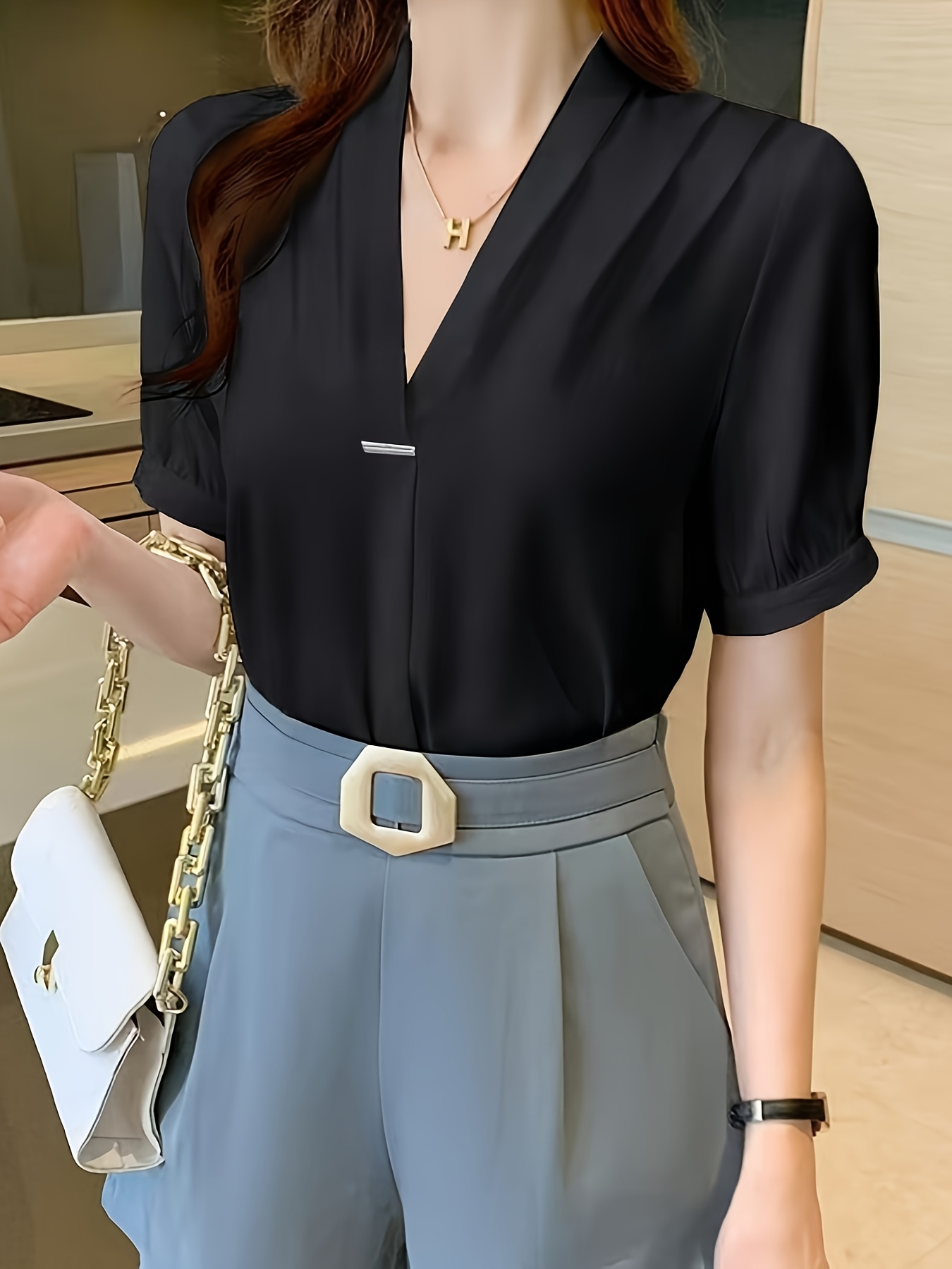 blusa elegante gasa cuello manga corta mujer top Temu El Salvador