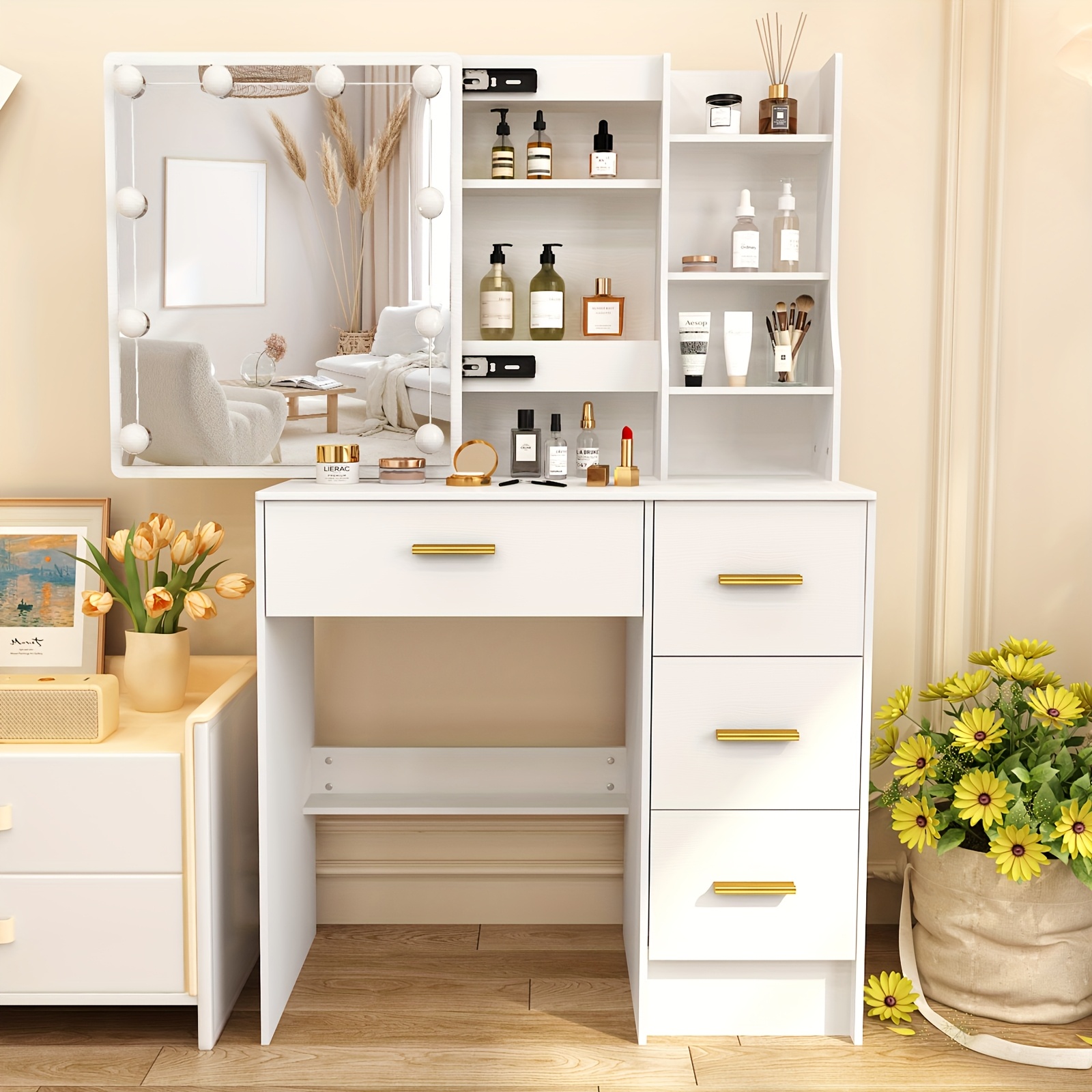 A White Vanity Table Featuring An Led-lit Mirror, Equipped With 4 Storage Drawers, 3 Color Settings, And Adjustable Brightness, Designed For Bedrooms, Measuring Inches In Width