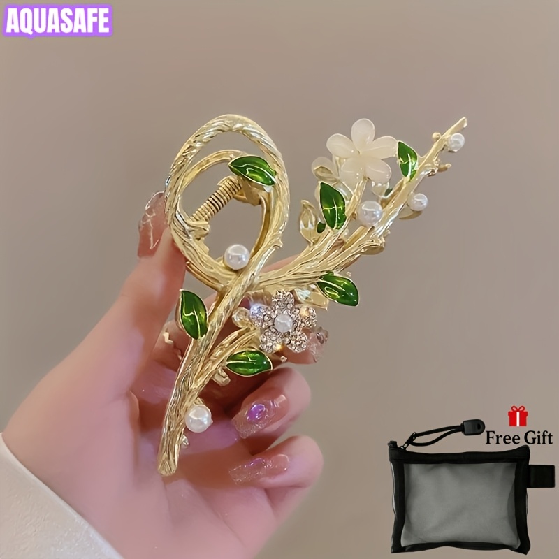 TEMU Pince à Cheveux Fleur avec Sac de Rangement Gratuit, Pince à Cheveux Feuille Vert Émeraude, Grande Pince à Cheveux Épaisse pour Femme à Fixation