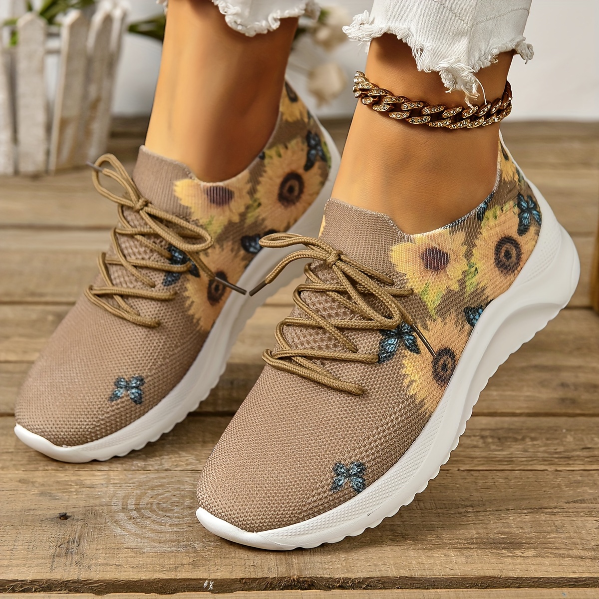 women s floral print sneakers lace low Temu Australia