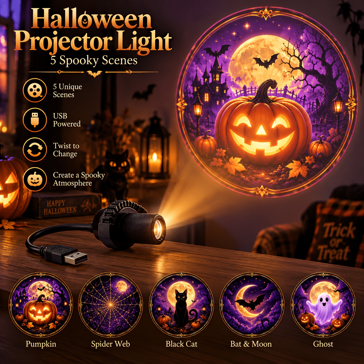 TEMU Usb- Plug-and-play Halloween Projector Lamp With Twist Dial & 5 Projection Scenes Suitable For Indoor Party Night Light, Pumpkin Bat Web