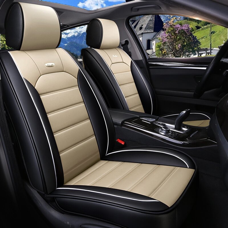 TEMU 5-seater Pu Leather Car Seat Covers Fit For Sedans/suvs/trucks - Heavy-duty , Soft Cushioned Padding, Headrest & Lumbar, Beige/black (for, For,