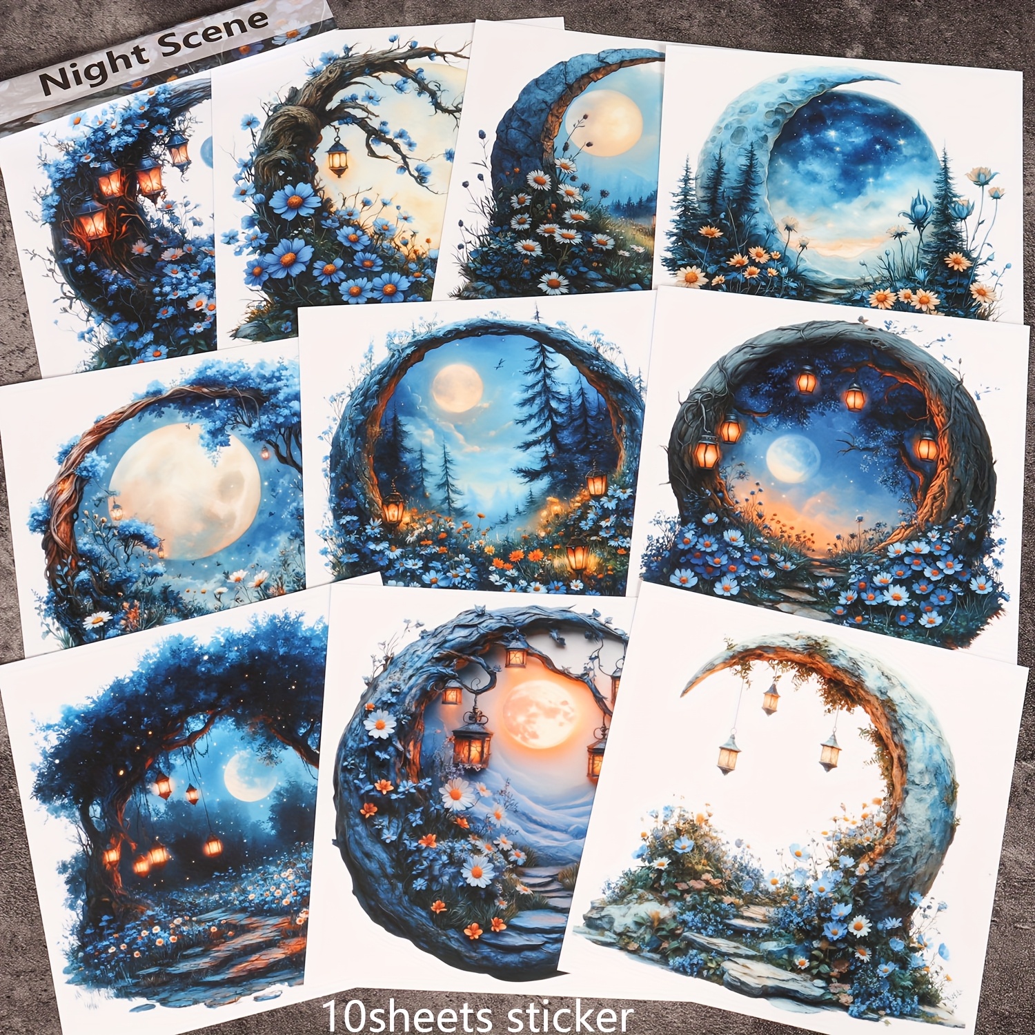 A Set Of 10 Large Self-adhesive Stickers Featuring Whimsical Nighttime Scenery With A Moon, Perfect For Scrapbooking, Collage Decoration, And Crafting Projects