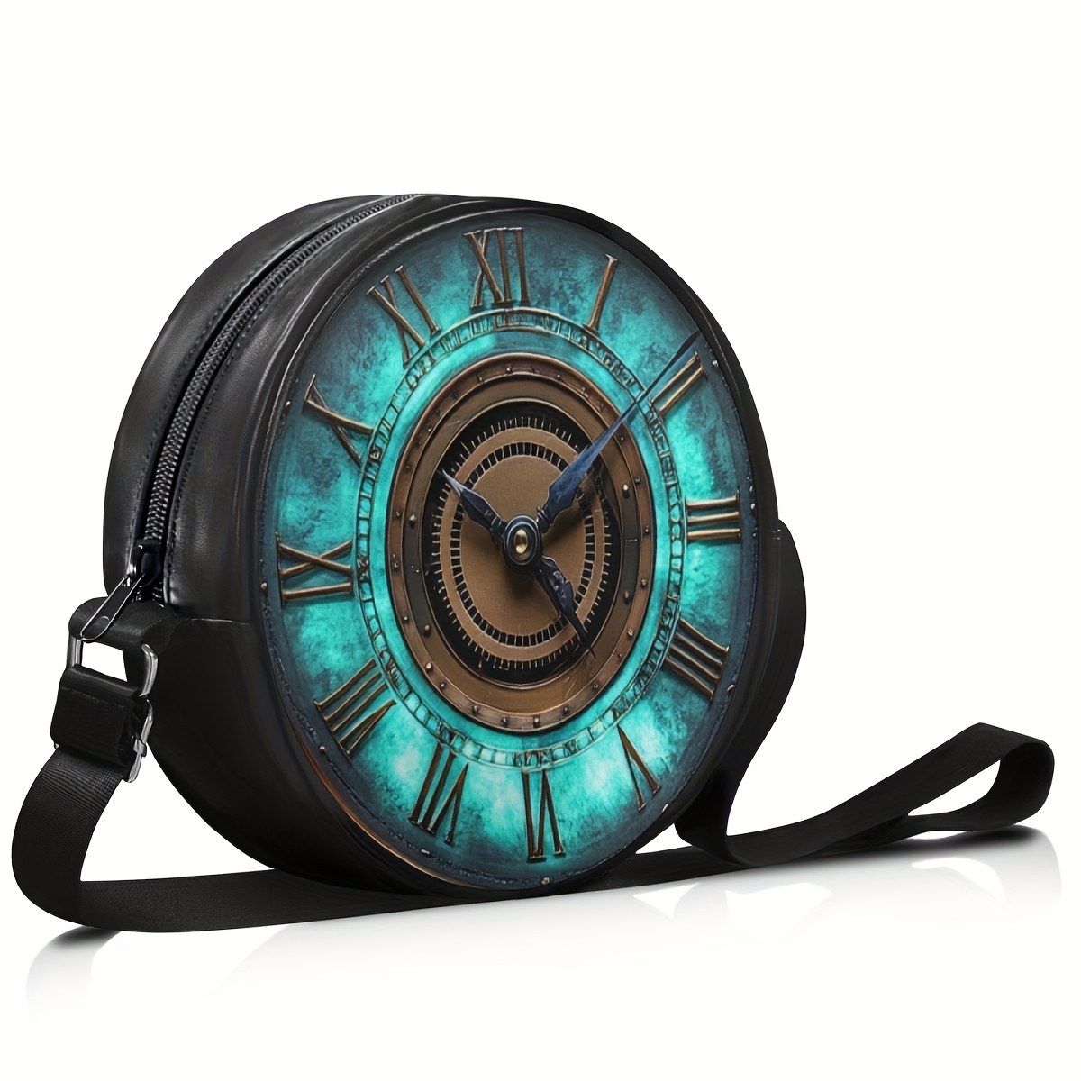 Image of Women's Vintage Mini Round Messenger Bag - Adjustable Crossbody Bag With Zipper Closure, Suitable For Punk Handbag, Portable Shoulder Purse For Outfits, Casual &
