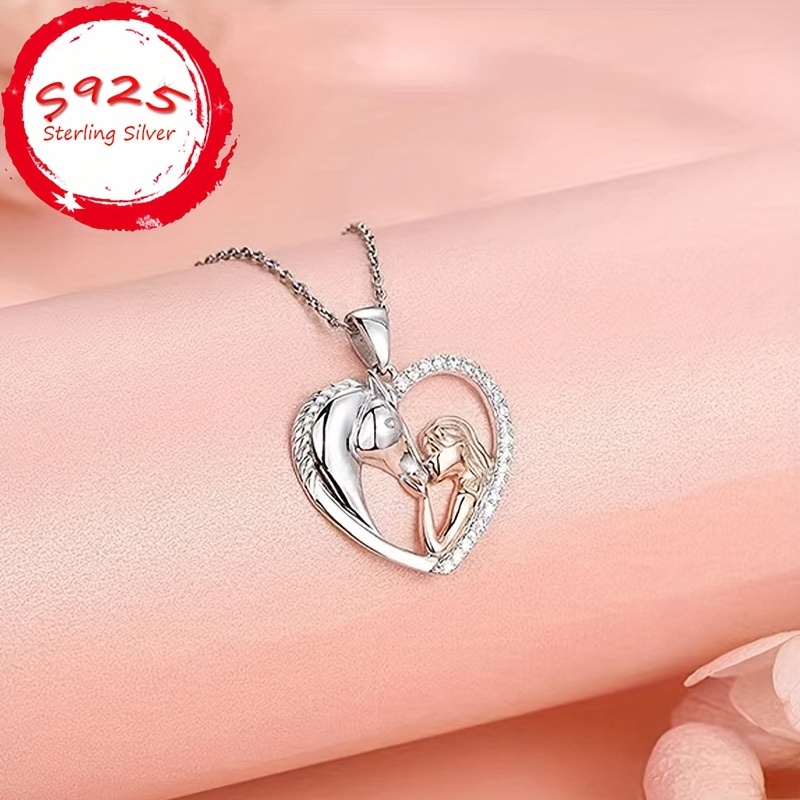 

Sterling Silver S925 Bohemian Style Elegant Necklace With Girl And Horse Pendant, , Mother's Day And New Year Gift, Weight Approx 3.5g, Fine Jewelry For Women