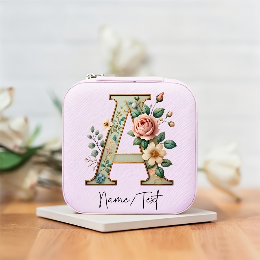TEMU 1pc Personalized Name Letter Jewelry Box, Trendy Floral Letter Multicolor Pu Leather Travel Portable Earring Ring Storage Organizer, Wedding