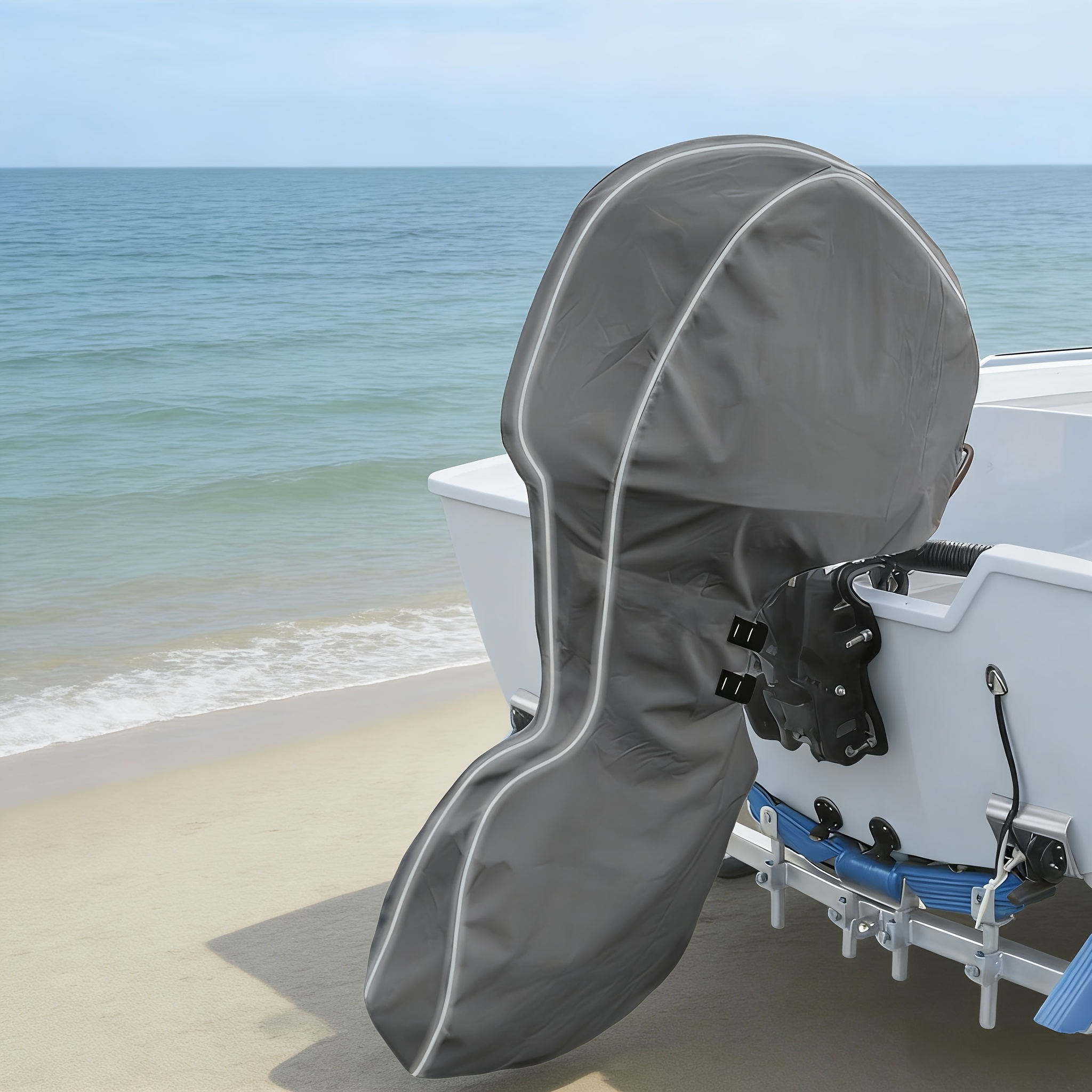 TEMU Housse de protection intégrale pour moteur de bateau, Housse de moteur 300D avec bandes réfléchissantes de positionnement, Coupe-vent