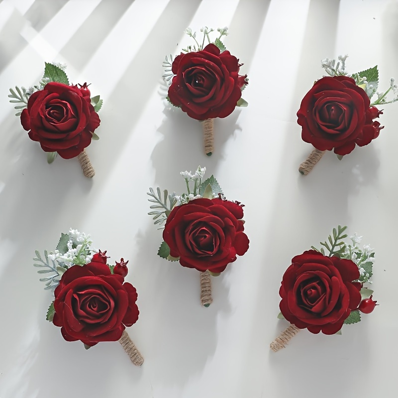 

Set Of 6 Boutonnieres - Wedding Artificial Rose Boutonniere For Bridal Groom Groomsmen Boutonnieres For Party Prom Decorations - Red