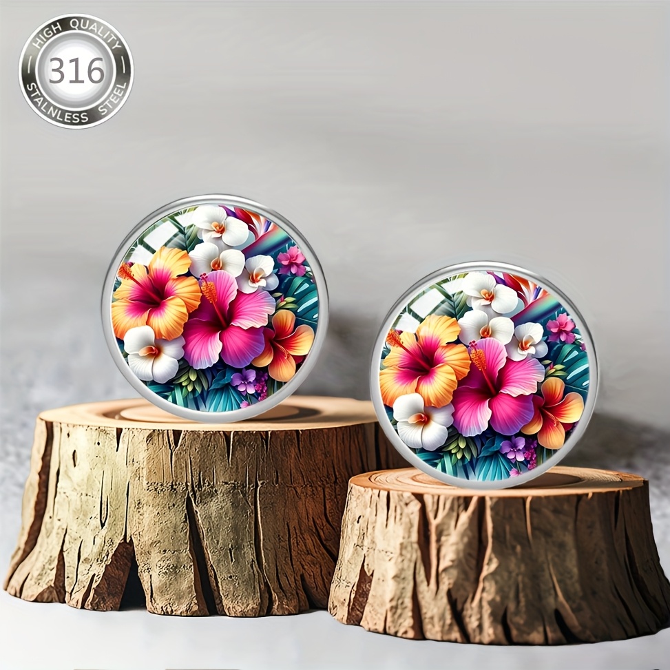 Women's Vibrant Hibiscus Flower Stud Earrings, Hypoallergenic