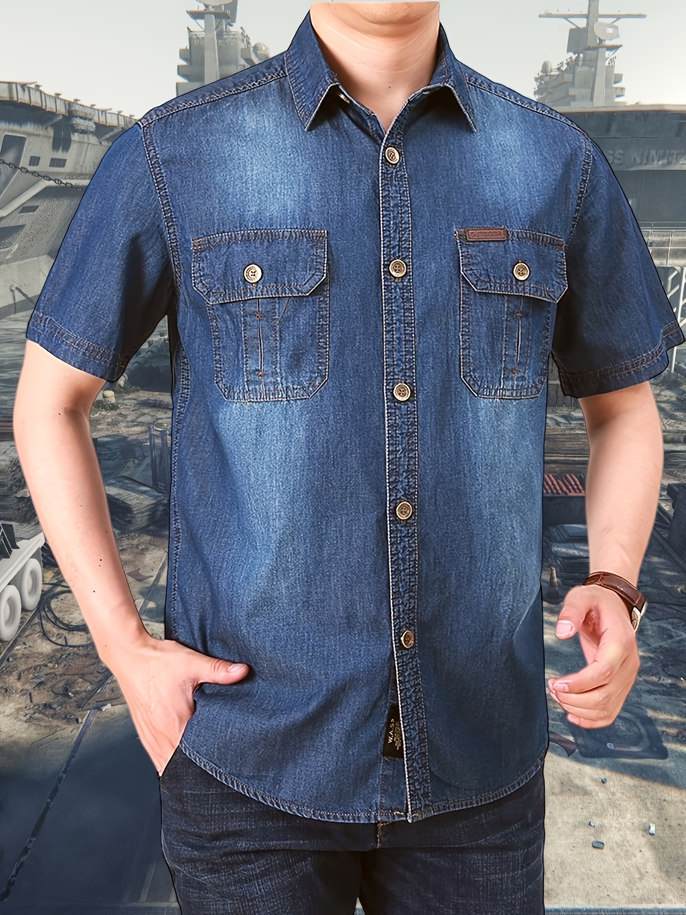 1pc of Retro Fashion Denim Short-Sleeved Shirt, Thin Style, Men'S Casual Multi-Pocket Workwear Denim Shirt. High-Quality Material, Soft And Comfortable, Wear-Resistant, Durable, And Wrinkle-Resistant. Two Chest Pockets Design