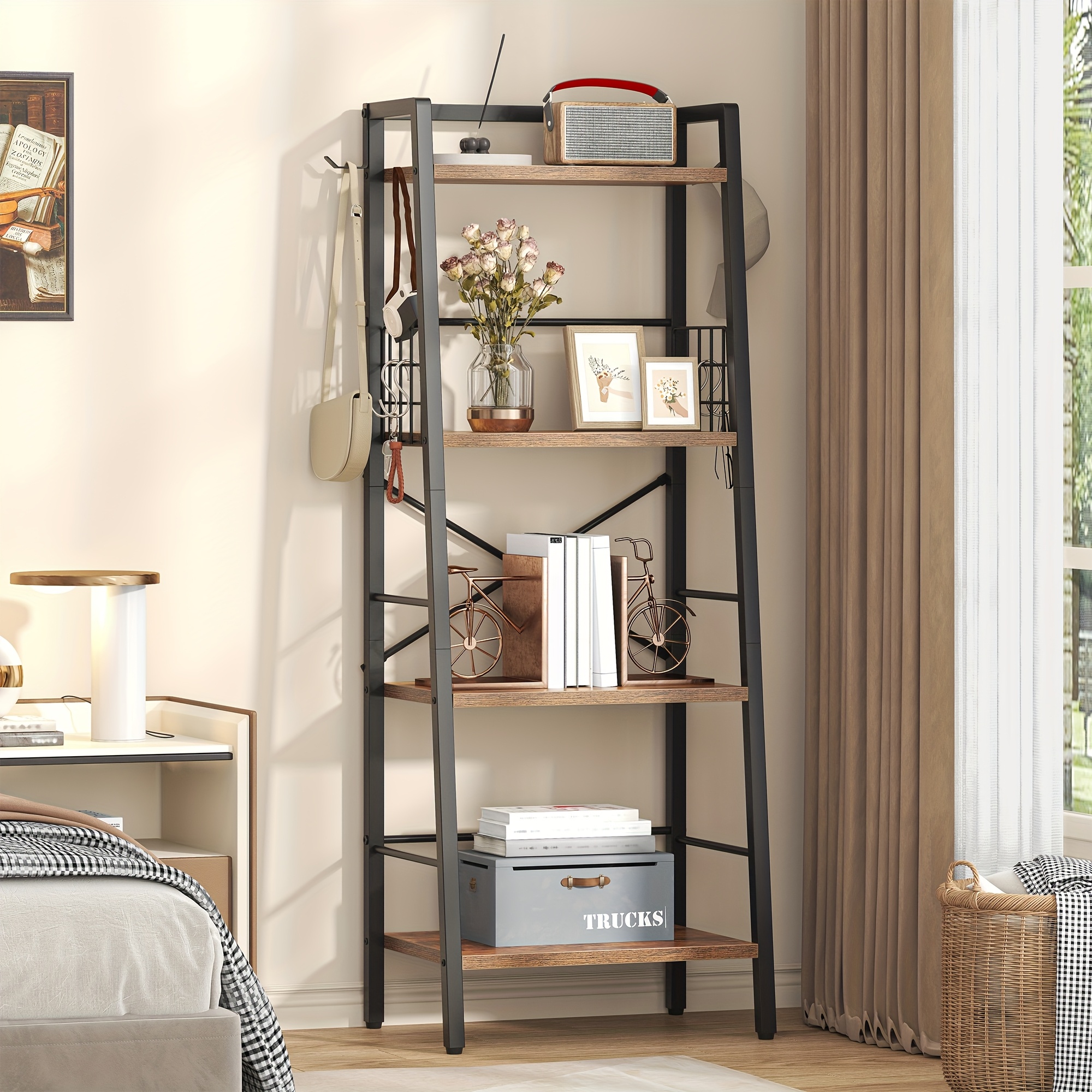 TEMU Ladder Shelf, 5-tier Ladder Bookshelf With Industrial Metal Frame Style, Freestanding Bookcase With Adjustable Feet, Storage Rack For Living