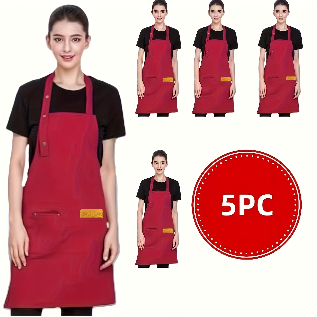 5pcs Kitchen Aprons, Adjustable Soft Chef Apron with 2 Pockets, Suitable for Men and Women (Red/Beige)